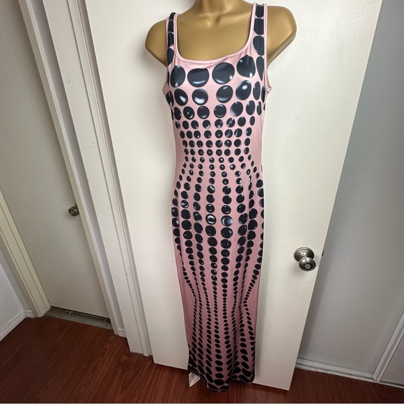 Mew Mew Ishi Black Dot Printed Form Fitting Women’s Maxi Dress In Blush NWT S - Picture 4 of 16